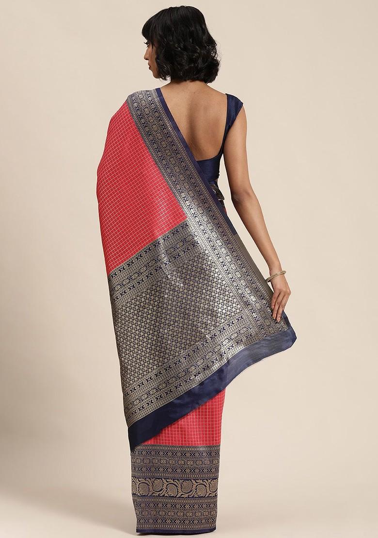 Pink Check Print Poly Blend Saree Set