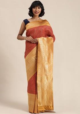 Red Check Print Poly Blend Saree Set