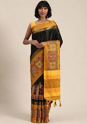 Black Embroidered Poly Blend Saree Set
