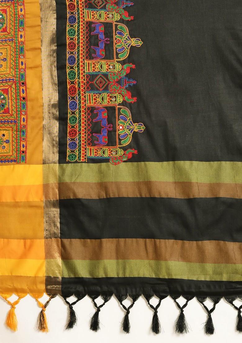 Black Embroidered Poly Blend Saree Set