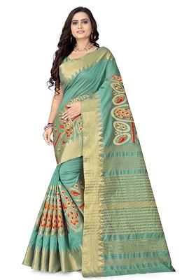 Turquoise Blue Ethnic Motifs Embroidery Silk Saree Set