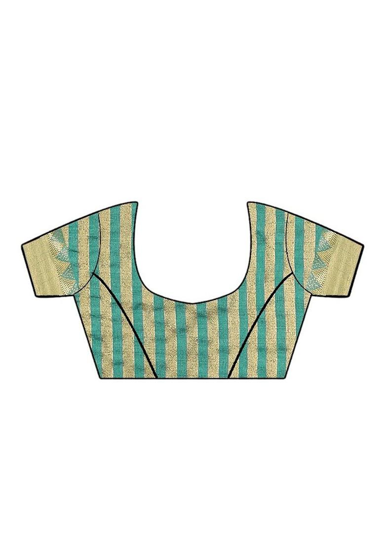 Turquoise Blue Ethnic Motifs Embroidery Silk Saree Set