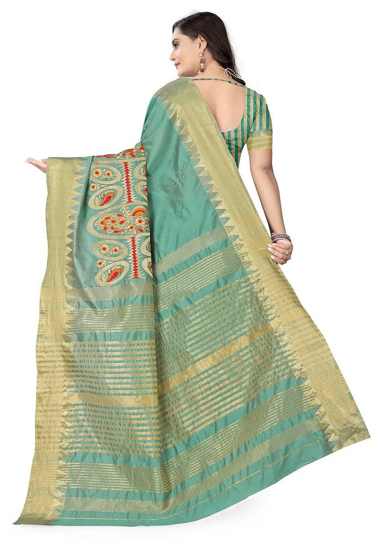 Turquoise Blue Ethnic Motifs Embroidery Silk Saree Set