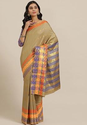 Beige Woven Poly Blend Saree Set