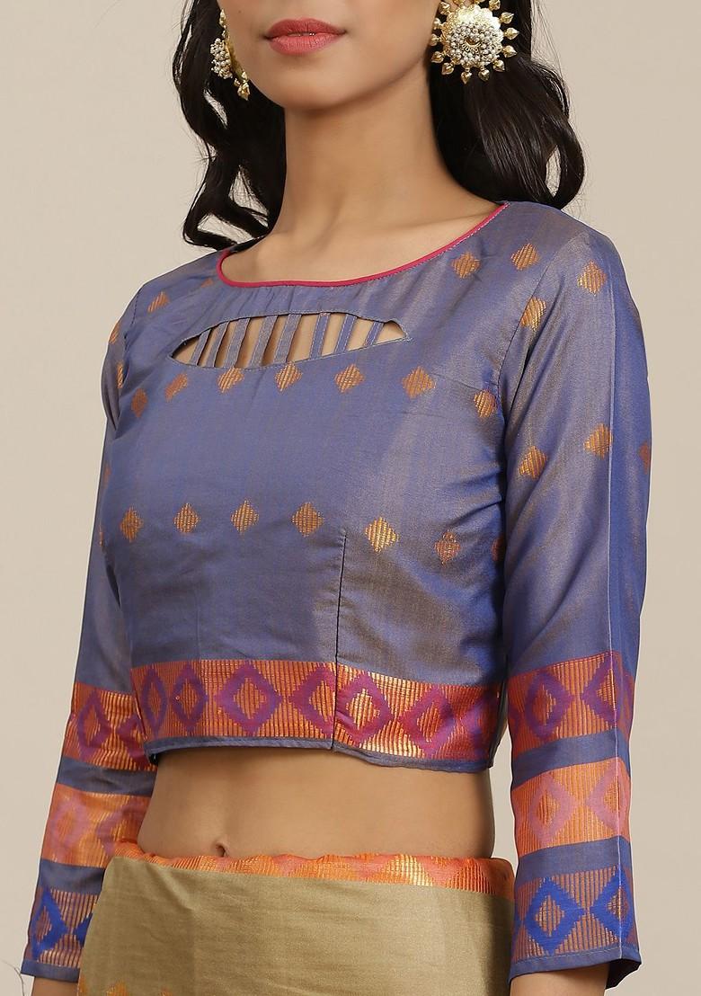 Beige Woven Poly Blend Saree Set