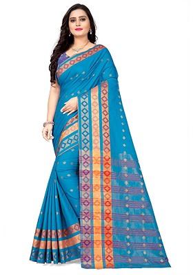Teal Zari Embroidered Silk Saree Set