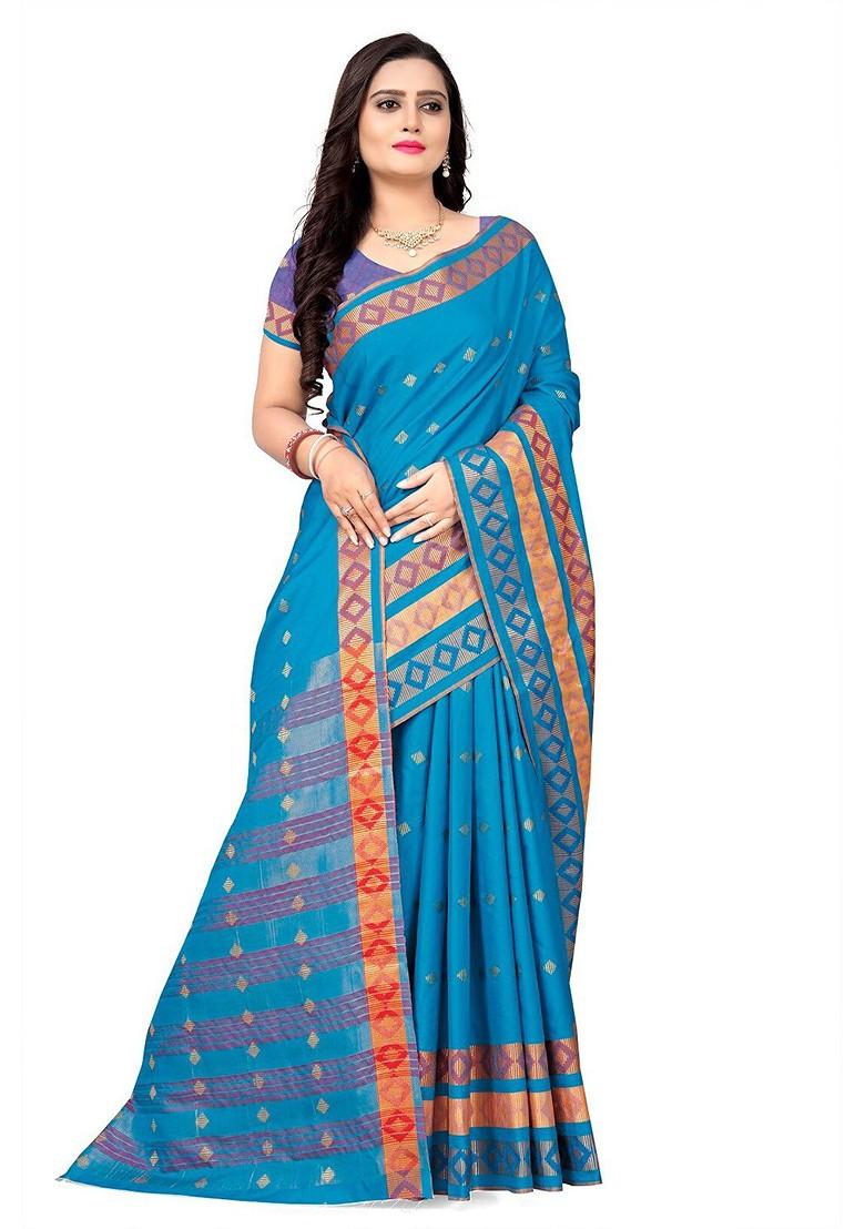 Teal Zari Embroidered Silk Saree Set