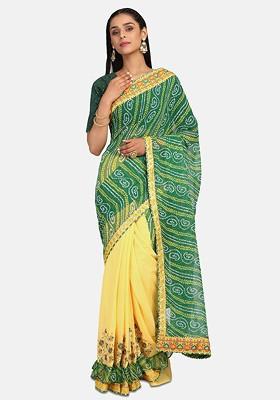 Green Embroidered Poly Blend Saree Set