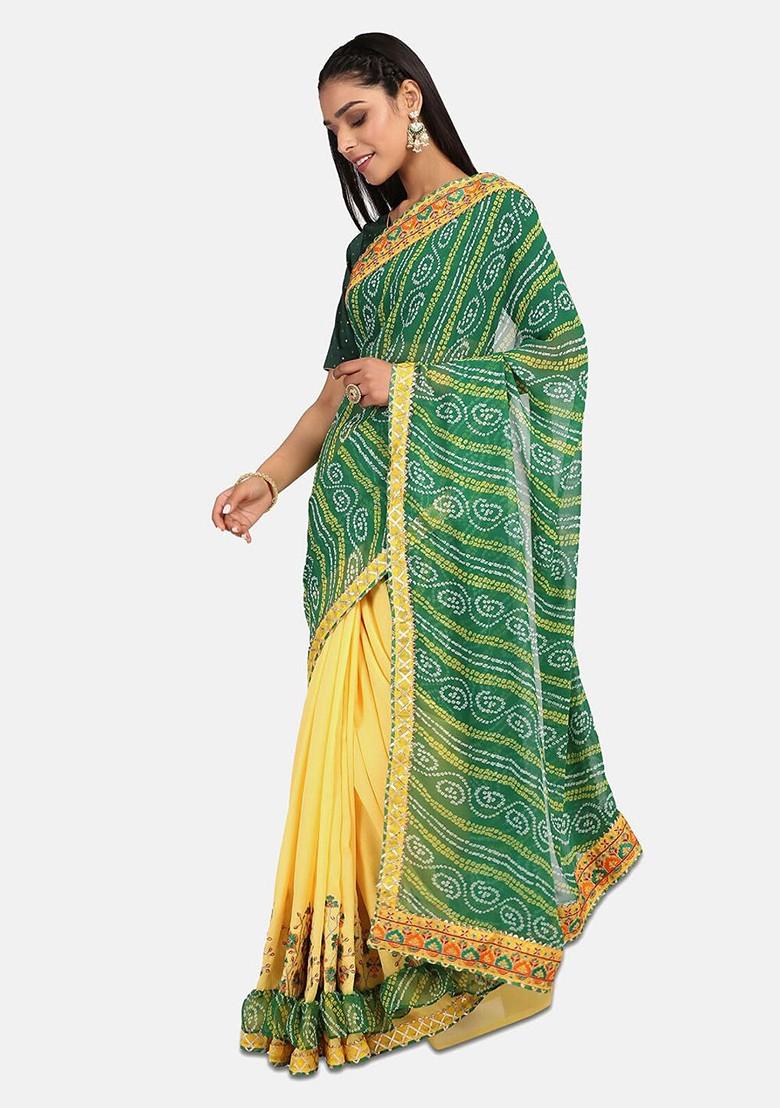 Green Embroidered Poly Blend Saree Set