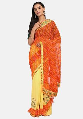 Orange Embroidered Poly Blend Saree Set
