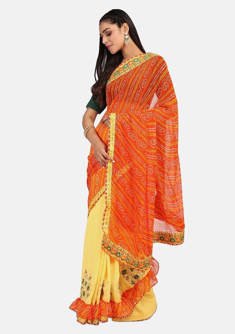 Orange Embroidered Poly Blend Saree Set