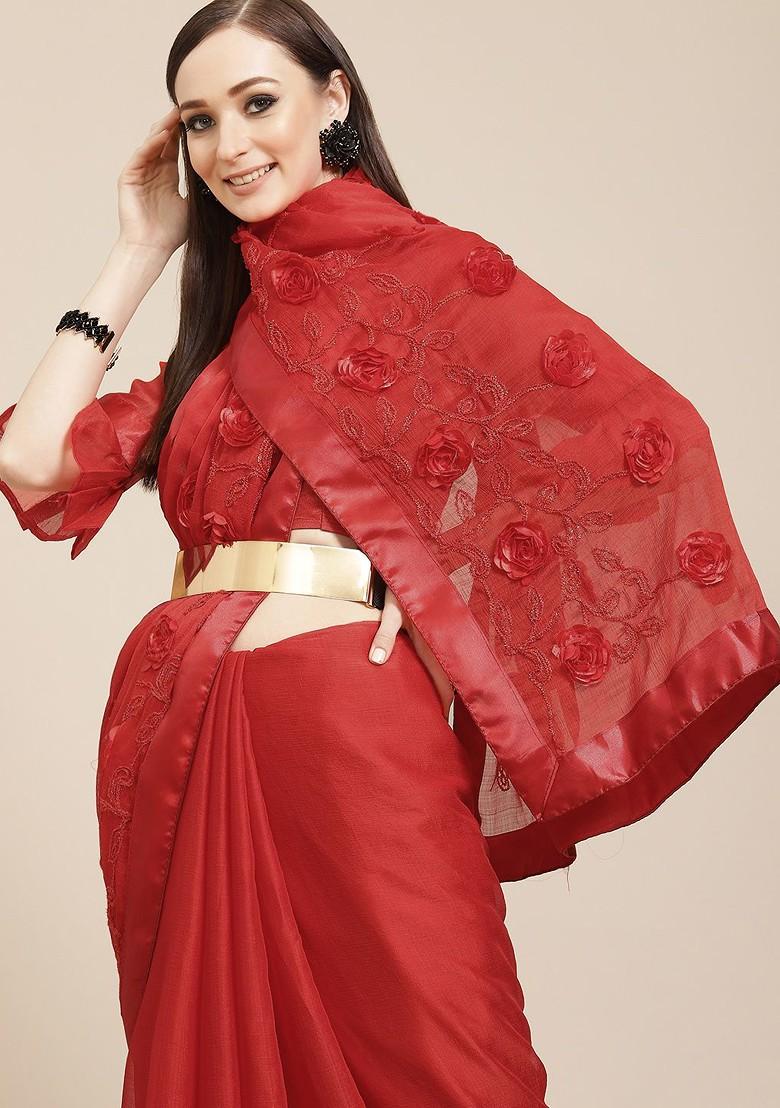Red Floral Embroidered Poly Blend Saree Set