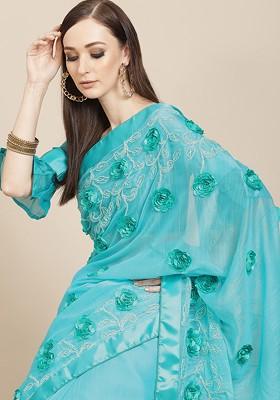 Turquoise Blue Ethnic Motifs Embroidery Poly Blend Saree Set