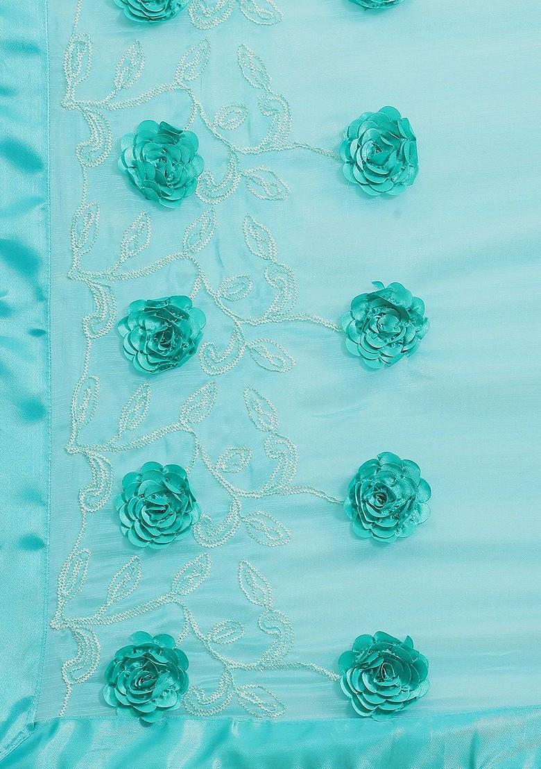 Turquoise Blue Ethnic Motifs Embroidery Poly Blend Saree Set