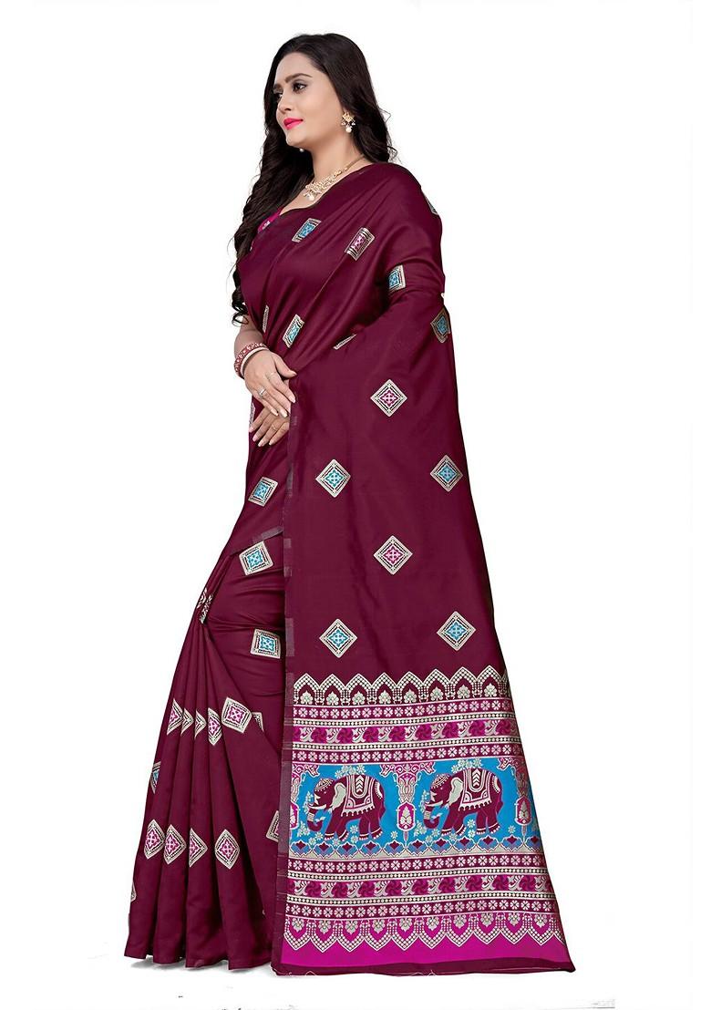 Maroon Ethnic Motifs Embroidery Banarasi Silk Saree Set