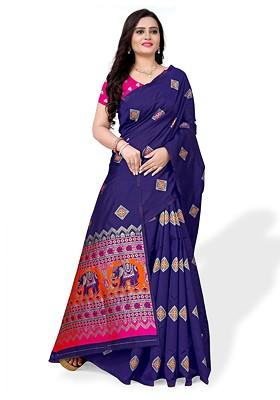 Navy Blue Zari Embroidered Poly Blend Saree Set