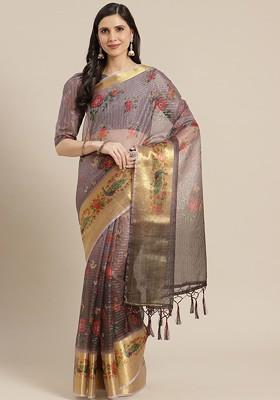 Grey Zari Embroidered Organza Saree Set