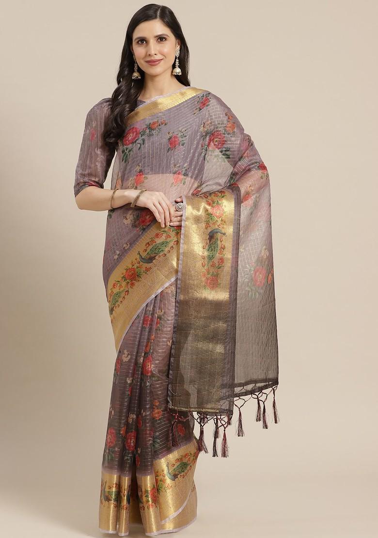 Grey Zari Embroidered Organza Saree Set