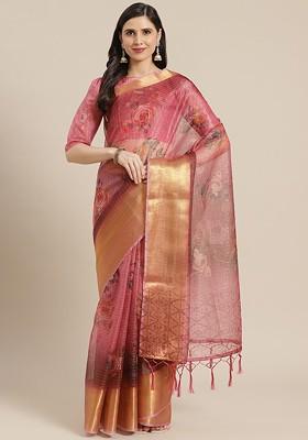 Pink Zari Embroidered Organza Saree Set