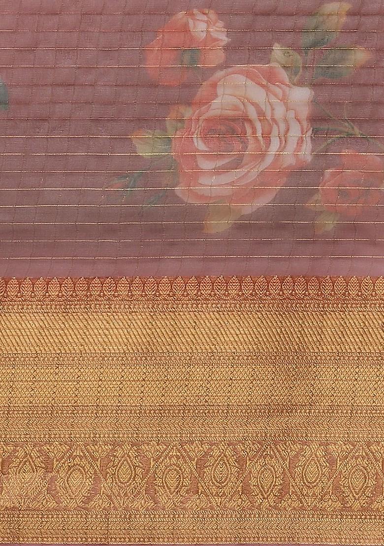 Pink Zari Embroidered Organza Saree Set