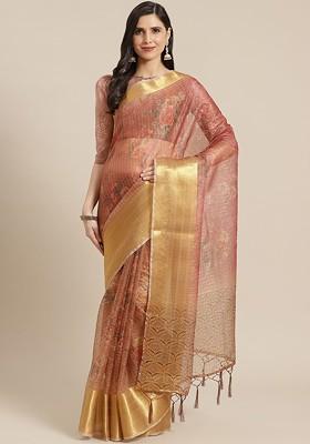 Pink Zari Embroidered Organza Saree Set