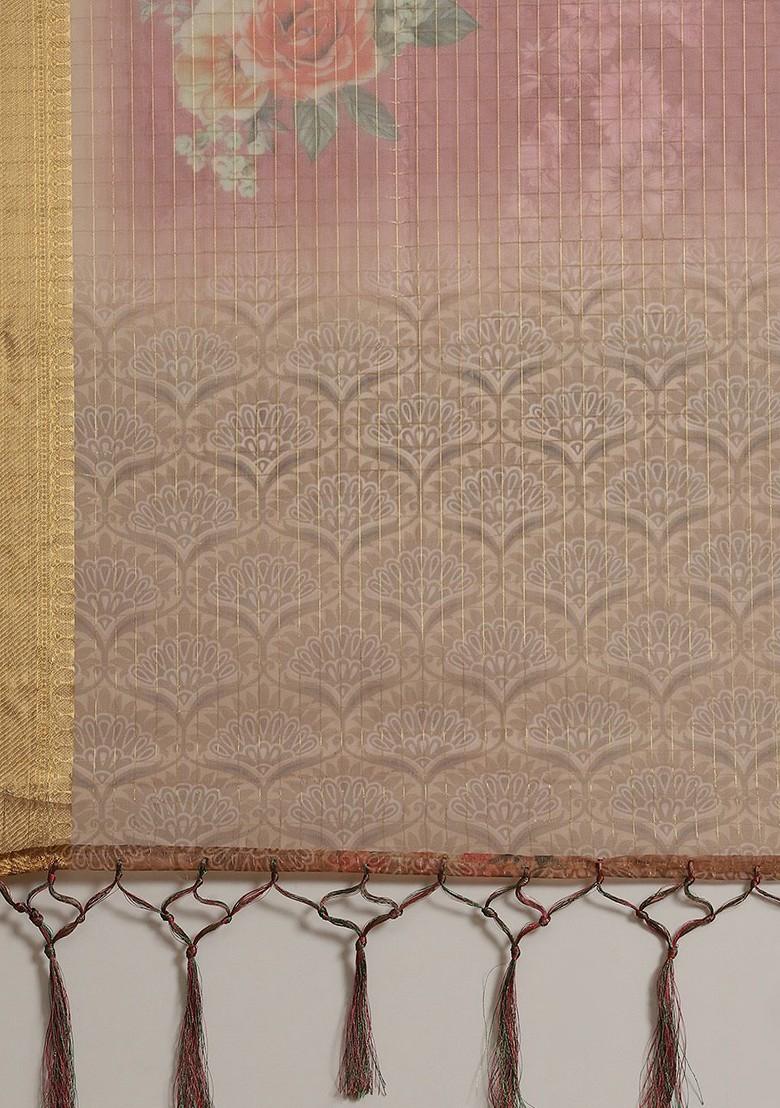 Pink Zari Embroidered Organza Saree Set