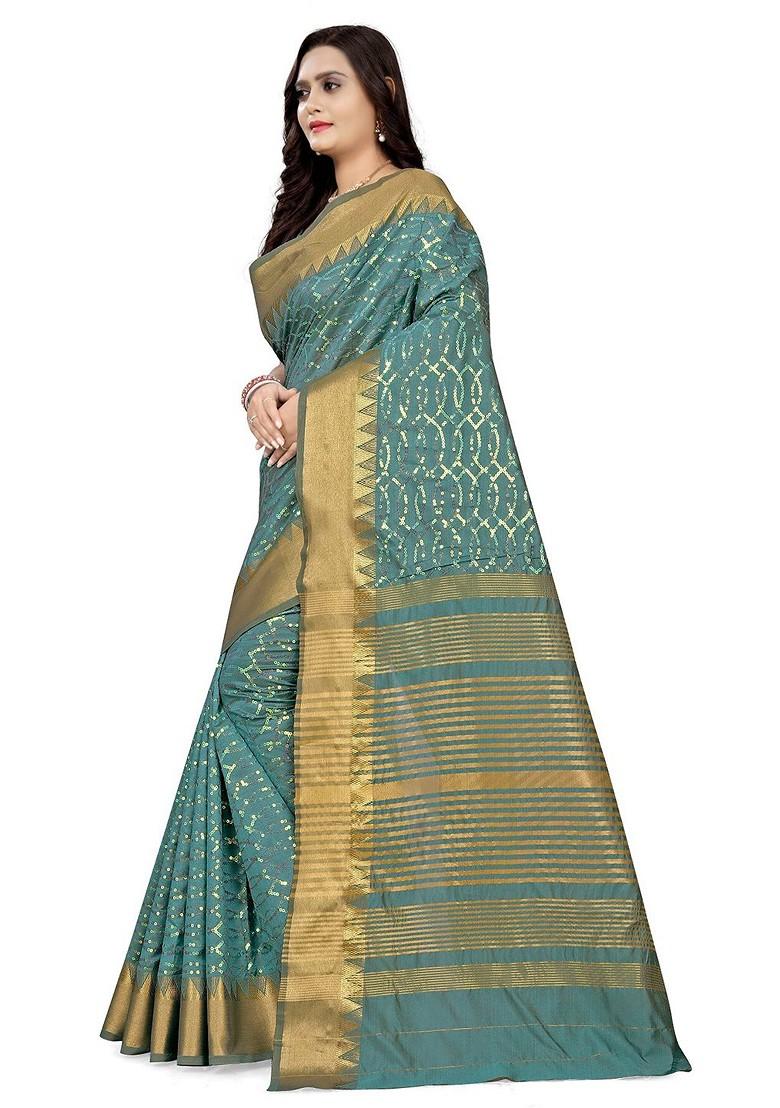 Turquoise Blue Sequin Embroidered Silk Saree Set