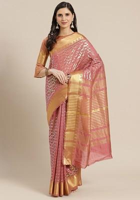 Pink Sequin Embroidered Poly Blend Saree Set