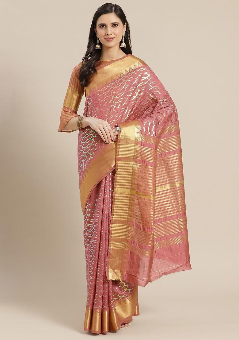 Pink Sequin Embroidered Poly Blend Saree Set