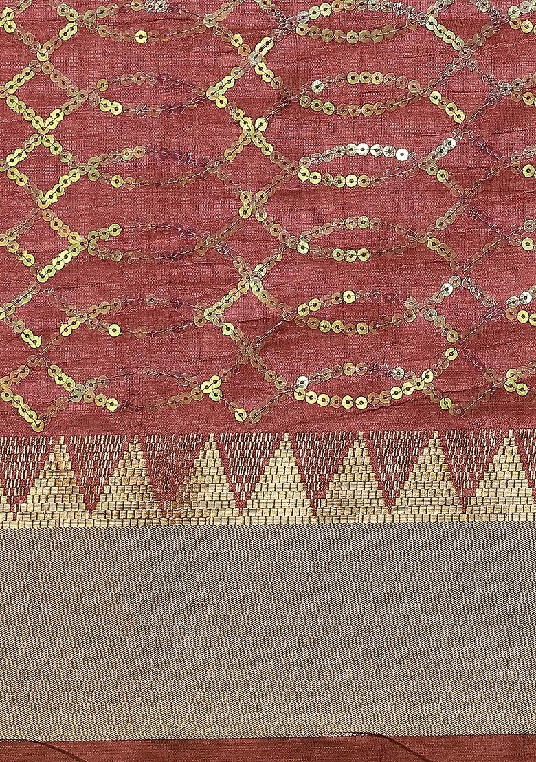 Pink Sequin Embroidered Poly Blend Saree Set