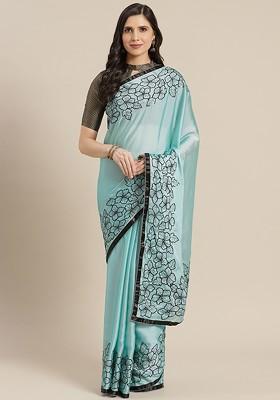 Blue Sequin Embroidered Poly Blend Saree Set
