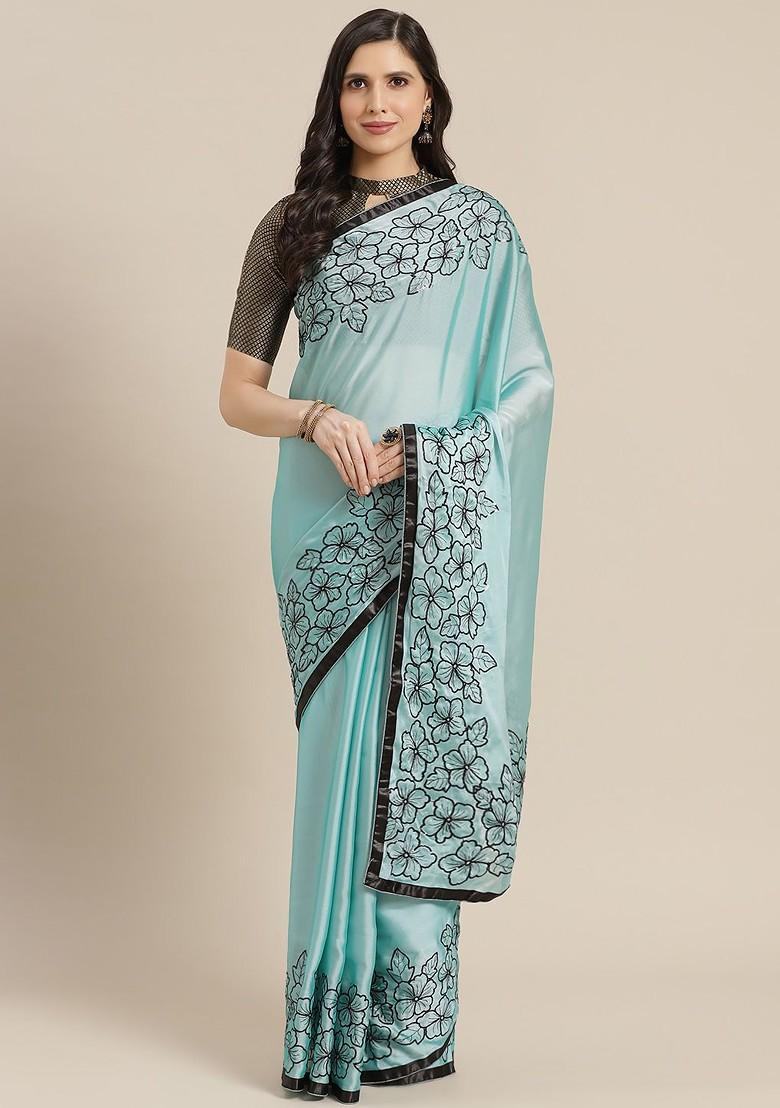 Blue Sequin Embroidered Poly Blend Saree Set