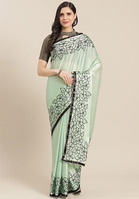 Green Sequin Embroidered Poly Blend Saree Set