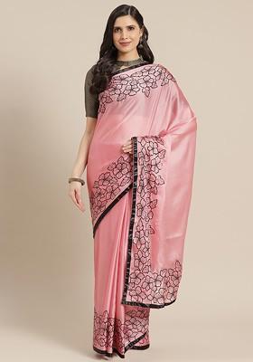 Pink Sequin Embroidered Poly Blend Saree Set