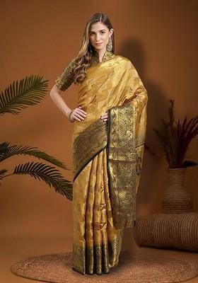 Beige Ethnic Motifs Embroidery Banarasi Silk Saree Set
