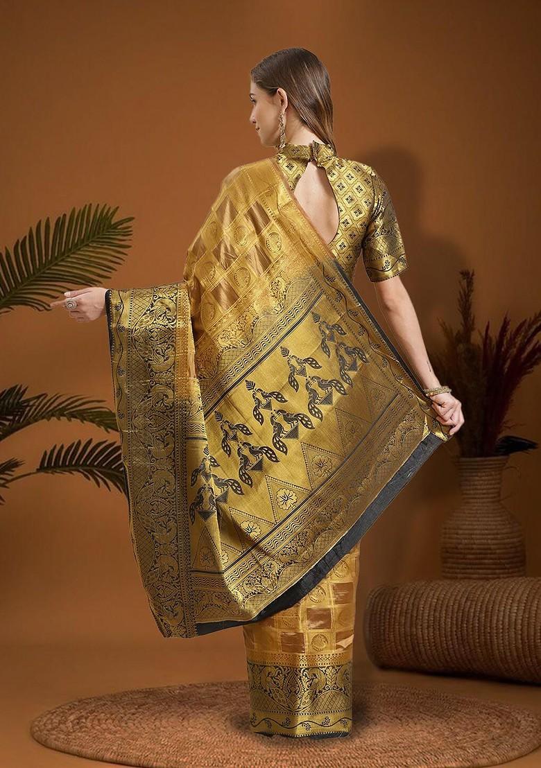 Beige Ethnic Motifs Embroidery Banarasi Silk Saree Set
