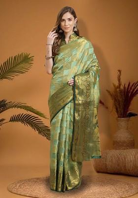 Lime Green Ethnic Motifs Embroidery Banarasi Silk Saree Set