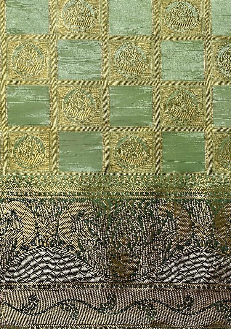 Lime Green Ethnic Motifs Embroidery Banarasi Silk Saree Set