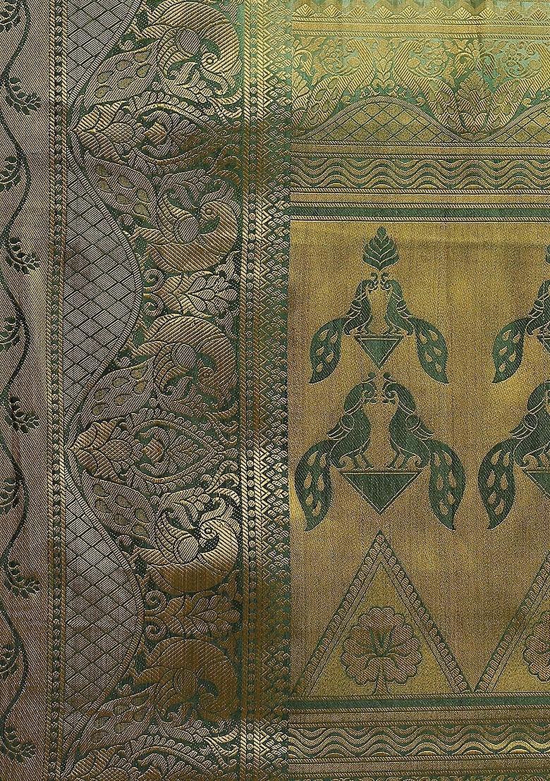 Lime Green Ethnic Motifs Embroidery Banarasi Silk Saree Set