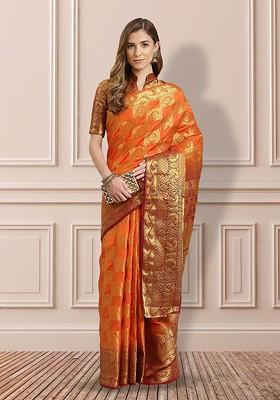 Orange Zari Embroidered Banarasi Silk Saree Set
