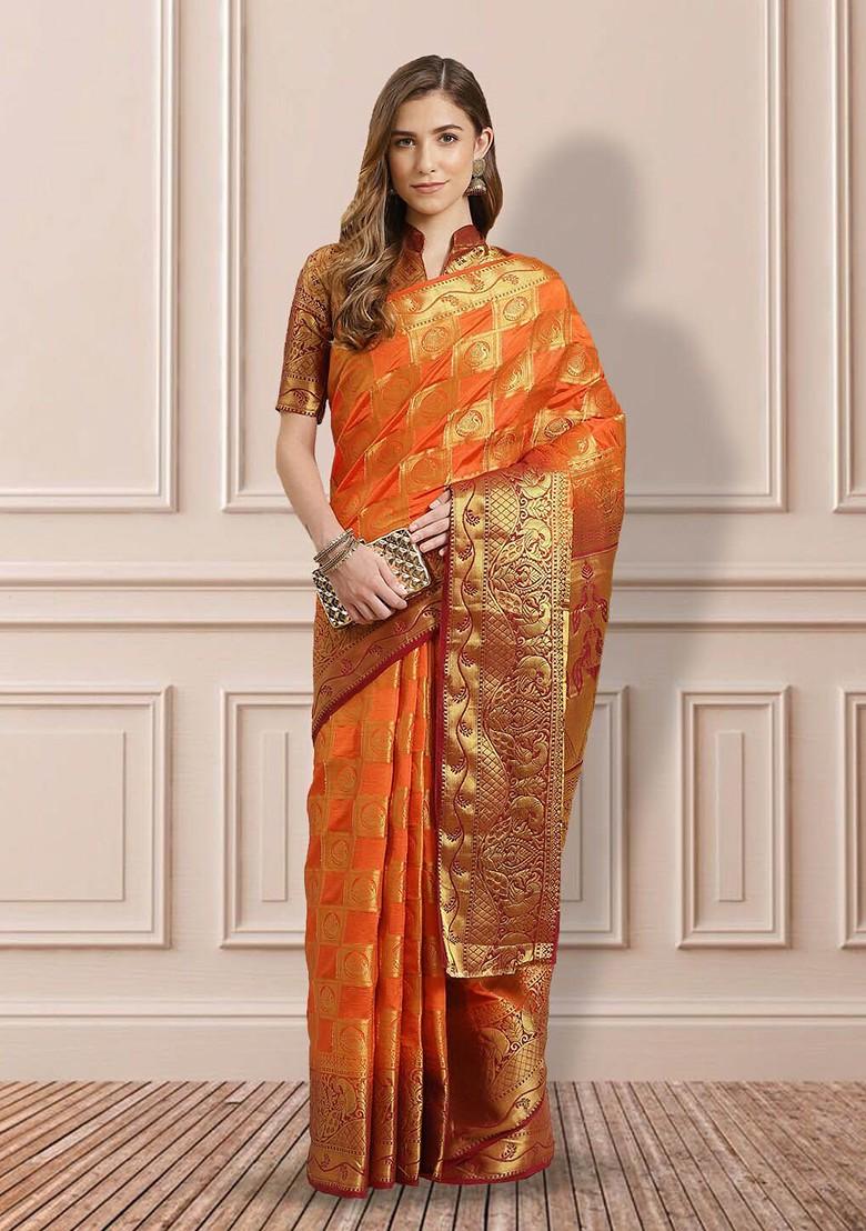 Orange Zari Embroidered Banarasi Silk Saree Set