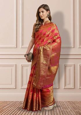 Pink Zari Embroidered Banarasi Silk Saree Set