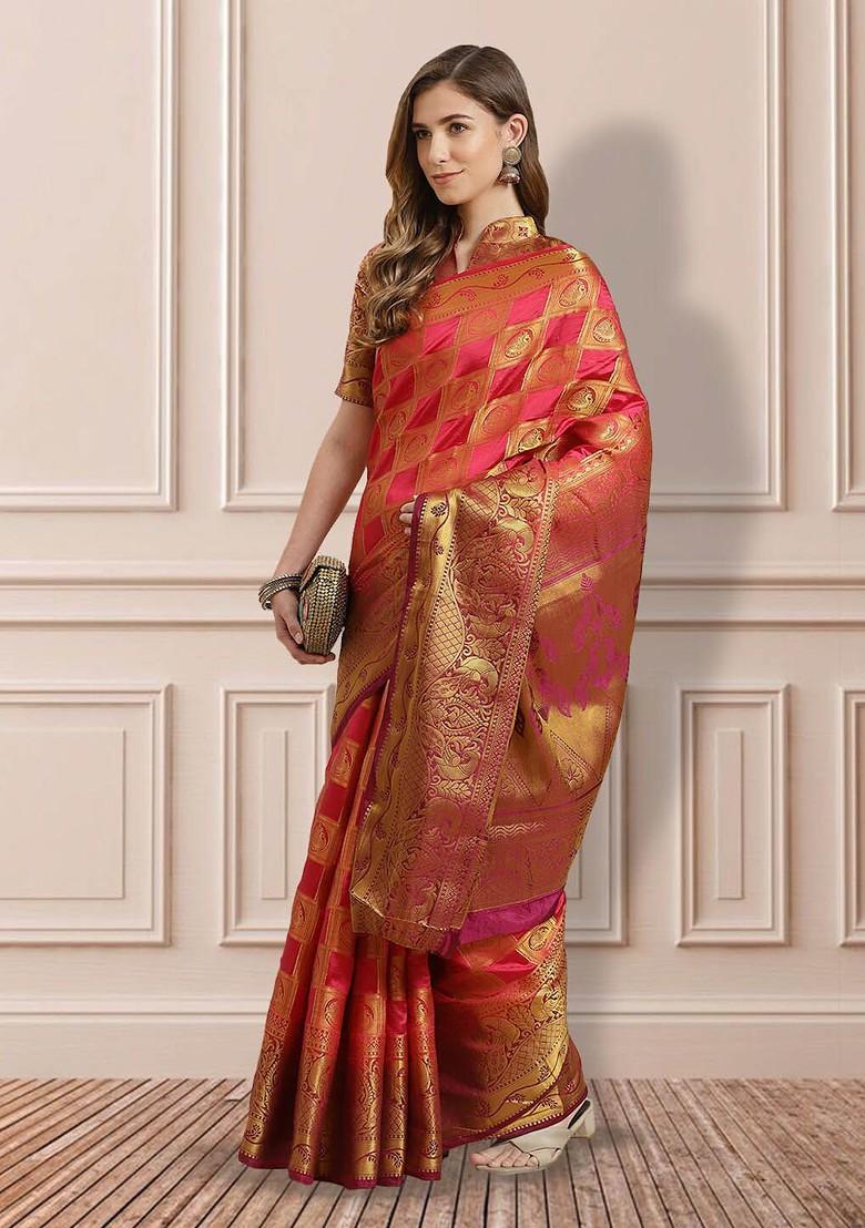 Pink Zari Embroidered Banarasi Silk Saree Set