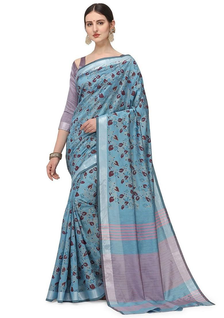 Turquoise Blue Printed Silk Saree Set