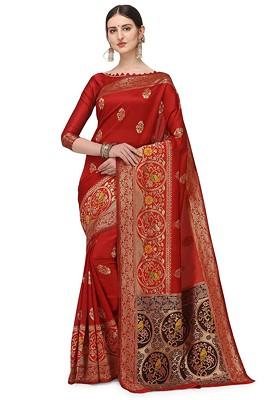 Red Zari Embroidered Silk Saree Set