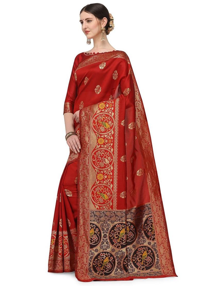 Red Zari Embroidered Silk Saree Set