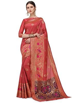 Pink Zari Embroidered Silk Saree Set