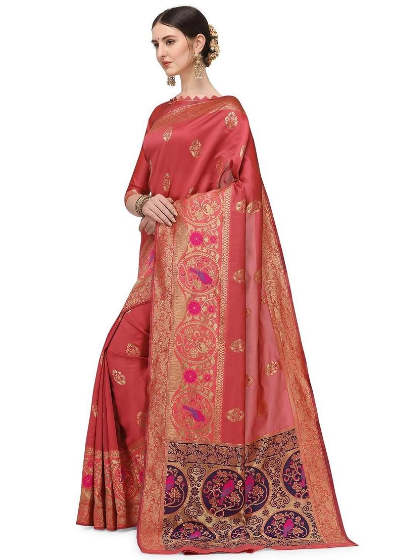 Pink Zari Embroidered Silk Saree Set