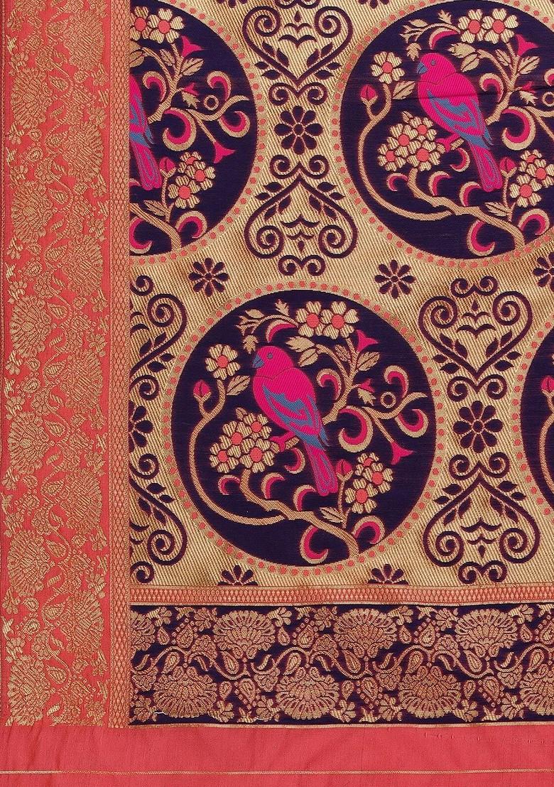 Pink Zari Embroidered Silk Saree Set