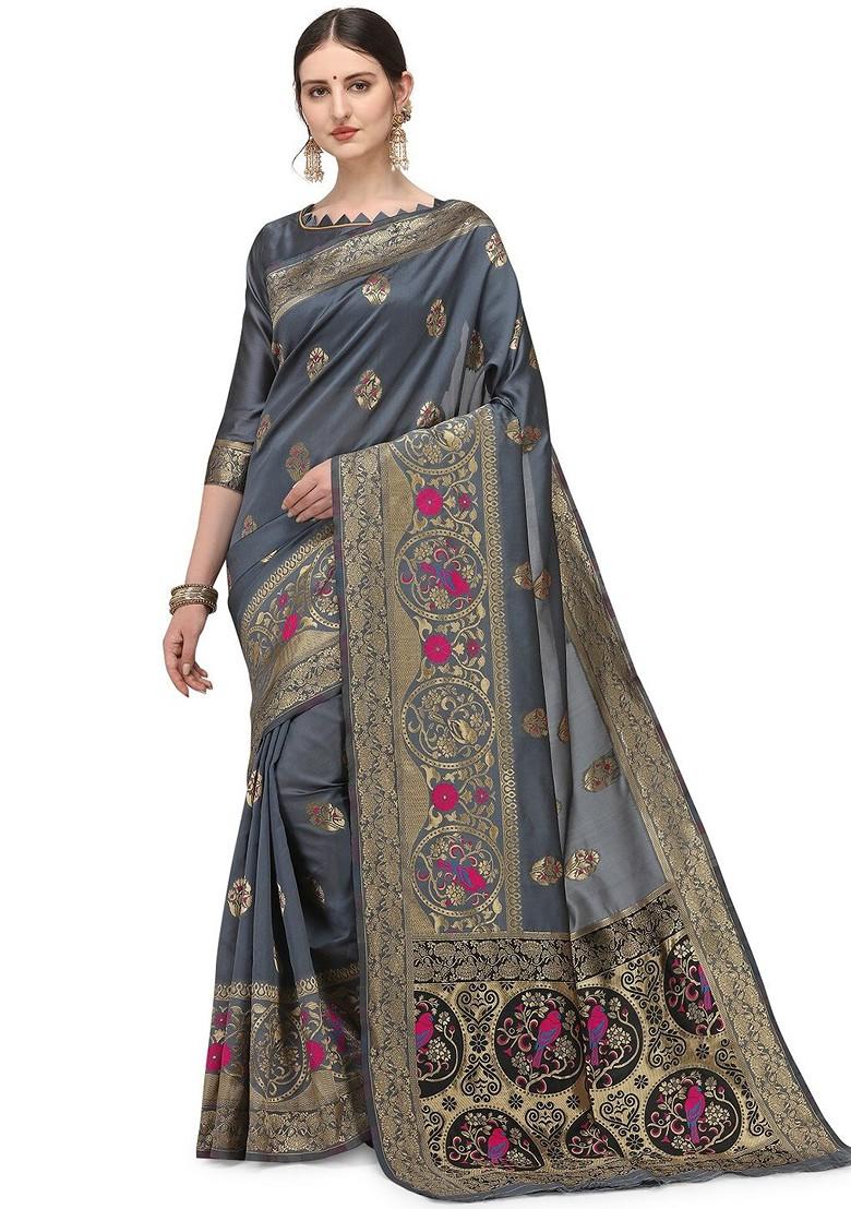 Grey Zari Embroidered Silk Saree Set